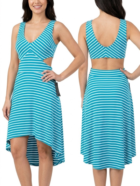 bebe Dresses & Skirts - bebe Teal and White Striped High-Low Cutout Dress open back NWT